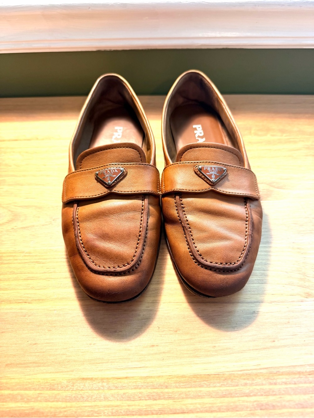 Prada Tan Nappa Leather Woman’s Loafers size 37 with Logo Plaque